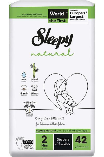 Sleepy Natural Size 2 | 42 Count | 2-5Kg Diapers | Organic Cotton | Bamboo | 100% Dryness