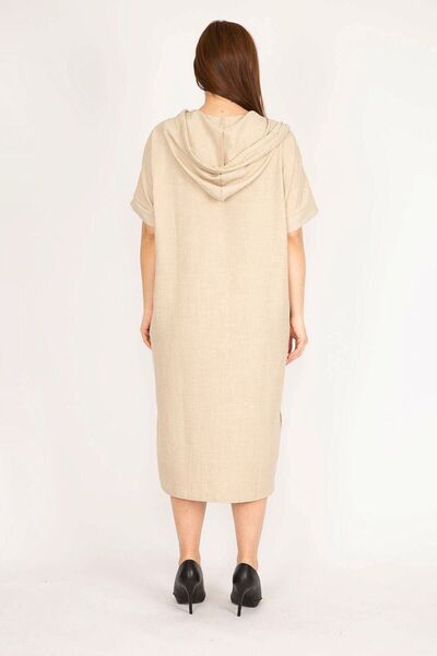 Şans Дамска мрежеста рокля с джобове с качулка и нисък ръкав с голям размер 65n36012