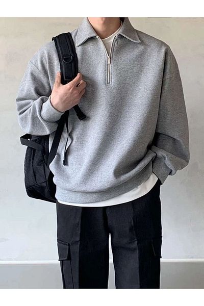 GENIUS STORE Men's Oversize Polo Collar Sweatshirt - Half Zipper