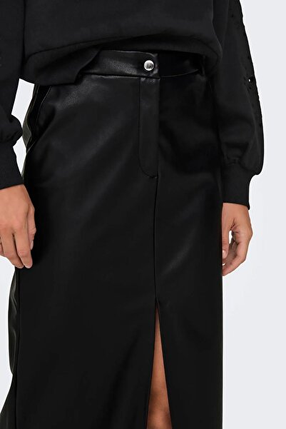 ONLY Kadın Onlheıdı Yırtmaçlı Suni Deri Midi Etek 15322539 Siyah