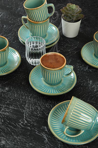 Keramika Σετ φλιτζάνι καφέ Teal Line 12 τεμαχίων για 6 άτομα