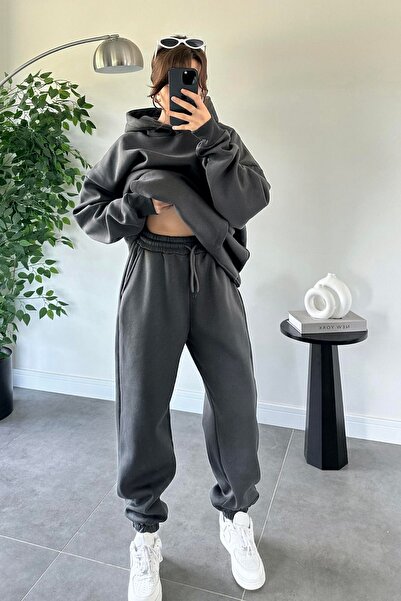 OKULCUBABA Kadın Baskısız 3 İplik İçi Pamuklu Bol Oversize Yeni Sezon Kullanışlı Eşofman Takımı