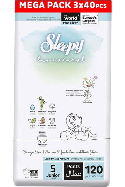 Sleepy Bio Natural Pants Size 5 |3x40 Count|Organic|Comfort|Absorbent|Eco-Friendly|Hypoallergenic