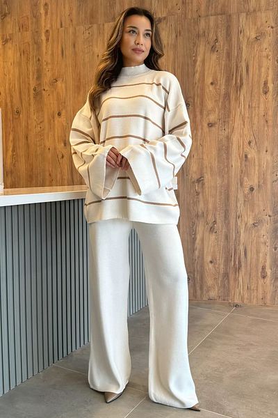 GÜLSELİ Cream Colored Knitwear Trousers and Sweater Set for Women