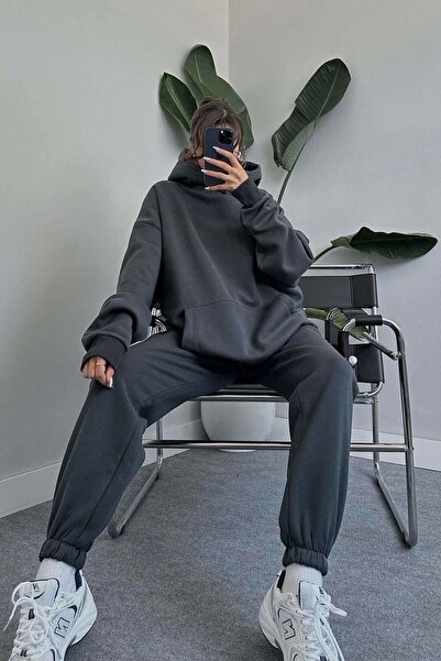 OKULCUBABA Kadın Baskısız 3 İplik İçi Pamuklu Bol Oversize Yeni Sezon Kullanışlı Eşofman Takımı