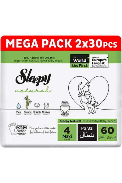 Sleepy Natural Pants Size 4 | 60 Count | 2X30 Comfort | Hypoallergenic | 100% Dryness