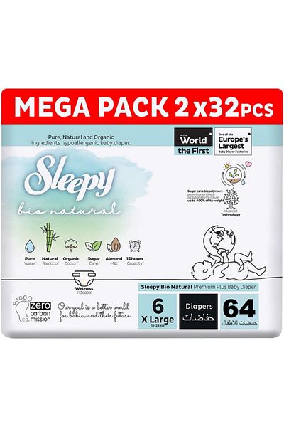Sleepy Bio Natural Size 6 | 64 Count | 2X32 Diapers | Almond Milk | Vegan | 100% Leakproof