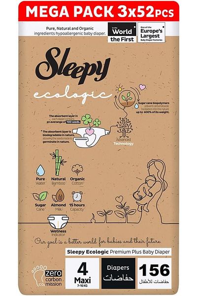 Sleepy Ecologic Size 4 | 156 Count | Plant-Based Diapers | Organic | 100% Leakproof