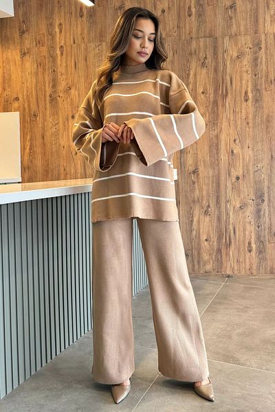 GÜLSELİ Biscuit Women's Knitwear Trousers and Sweater Set