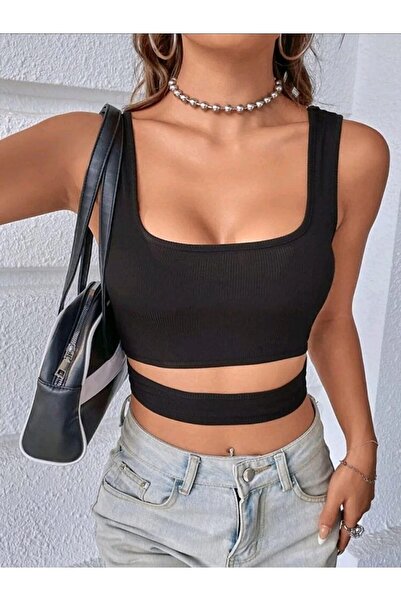 Arzulica Bluză neagră cu decolteu pătrat, crop, cu detaliu decoltat