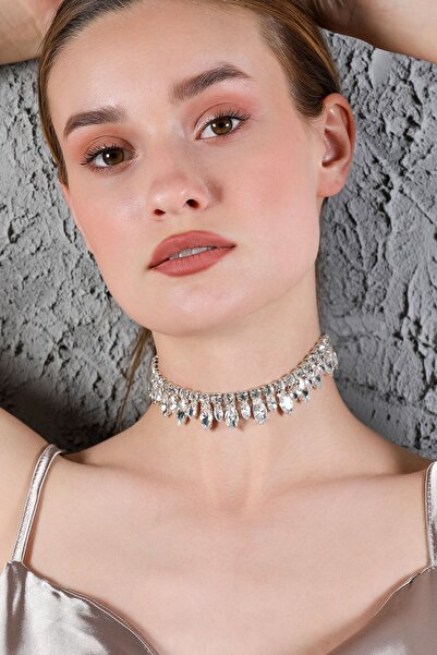Furtek Aksesuar Kadın Büyük Küçük Badem Zirkon Taşlı Model Gümüş Pırlanta Abiye Düğün Nişan Gelin Kolye Tasma Choker