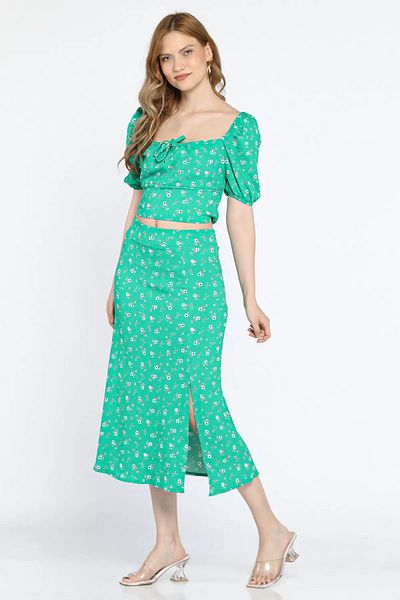 GÜLSELİ Green Patterned Women's Double Suit - Blouse and Skirt Set