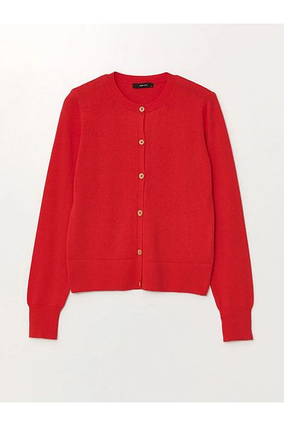 LC Waikiki Lcw Eco Red Crew Neck Plain Long Sleeve Women's Knitwear Cardigan