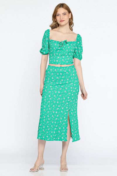 GÜLSELİ Green Patterned Women's Double Suit - Blouse and Skirt Set