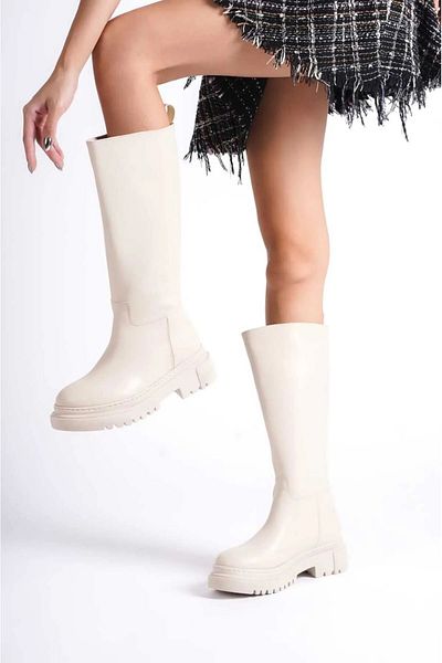 moun shoes Μπεζ Γυναικείες Δερμάτινες Μπότες 0012360
