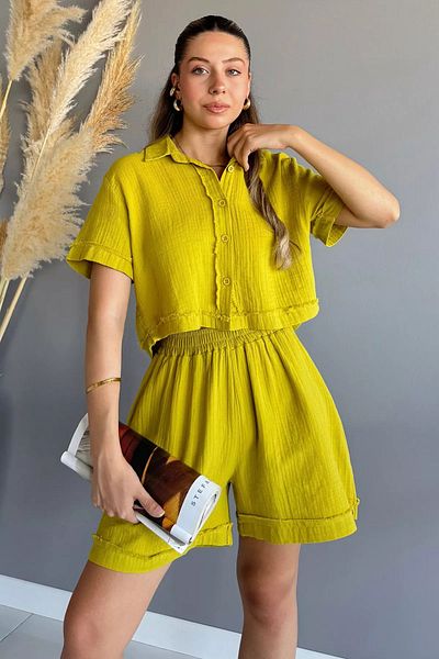 GÜLSELİ Oil Green Shirt and Shorts Set for Women