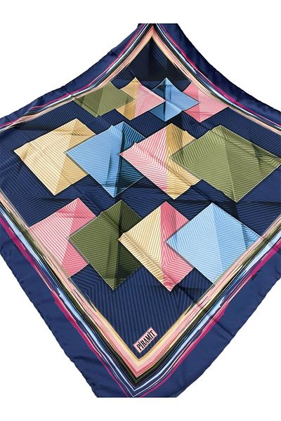 PİRAMİT EŞARPLARI Eșarfă piramidală cu model geometric albastru închis - 90cm X 90cm ES-60