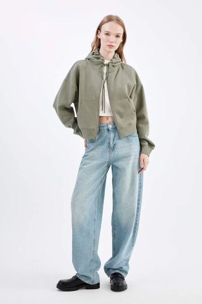 DeFacto Φωτεινό Χακί Χρώμα - Φούτερ Coool με κουκούλα και φερμουάρ, Standard Fit