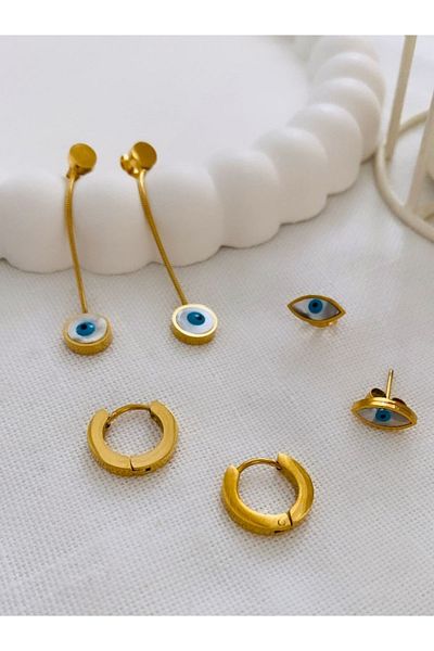 VNS Accessories Steel Pearlescent Eye Earring Set