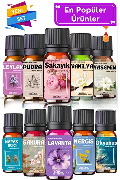 LeafFlora AromaHome Popüler Set - En Çok Tercih Edilenler - Esansiyel Uçucu Yağ -  Oda ve Ortam Kokuları 10 Adet x 10 ML
