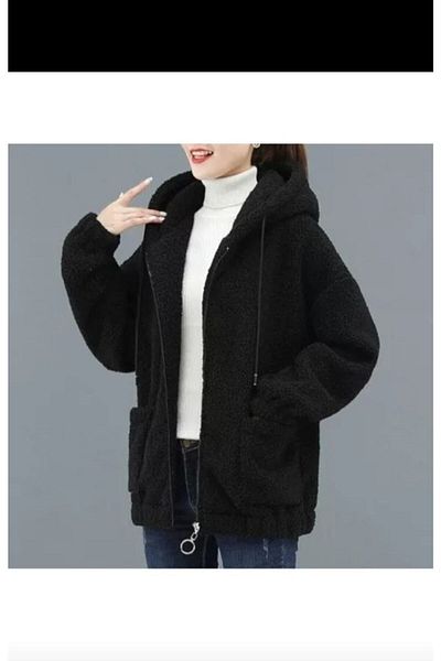 GENÇ MODA Извънгабаритно плюшено поло яке с качулка и цип, без подплата отвътре навън