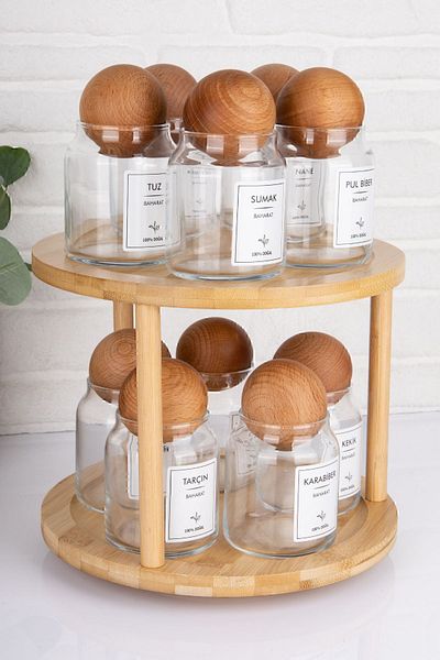 Home Set of 10 Glass Spice Jars with Wooden Ball Lid and Label & Wooden Rotating Stand (300 ml)