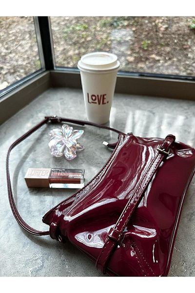 NİSSEA Patent Leather Retro Claret Red Bag with Belt Detail