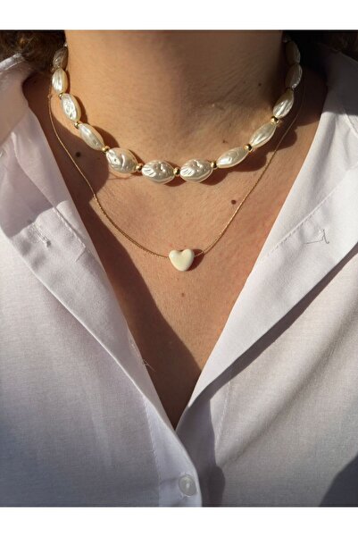 Karlay Set of 2 Pearlescent Heart and Pearl Necklace with Gold Chain