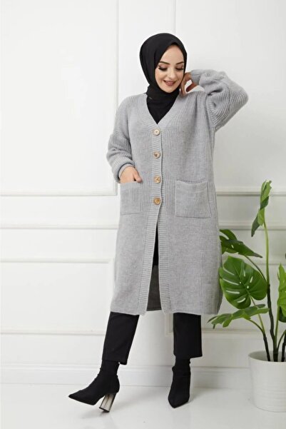 EZFER KADIN UZUN KOLLU AKRİLİK TRİKO CEPLİ HIRKA