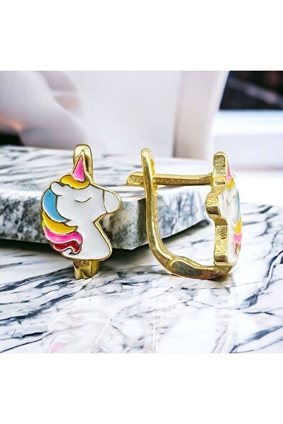 Rachel Silver 925 Ayar Gümüş Altın Renk Unicorn Renkli Mineli Şirin Çocuk Küpesi