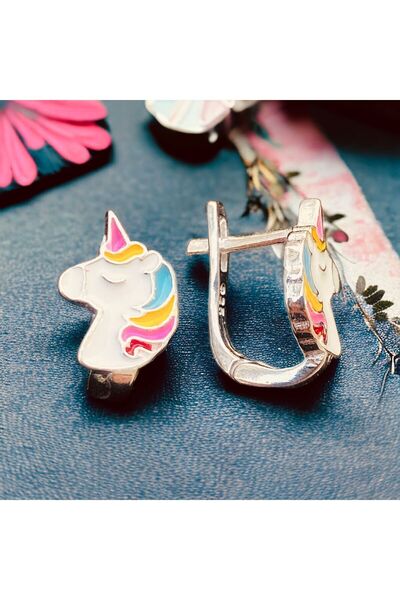 Rachel Silver 925 Ayar Gümüş Unicorn Model Renkli Mineli Rodyumlu Şirin Çocuk Küpesi