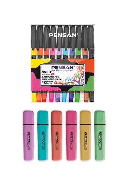 Pensan Sign Up Renkli Tükenmez Kalem 1.0 mm 10 Renk - Gıpta Fosforlu Kalem Pa...