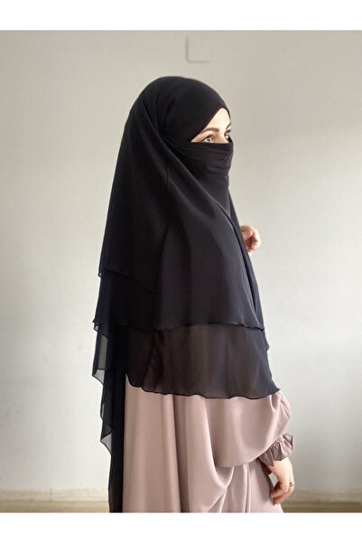 MERVERA sufle eşarp khimar tesettür peçeli, üç katlı şifon SİYAH