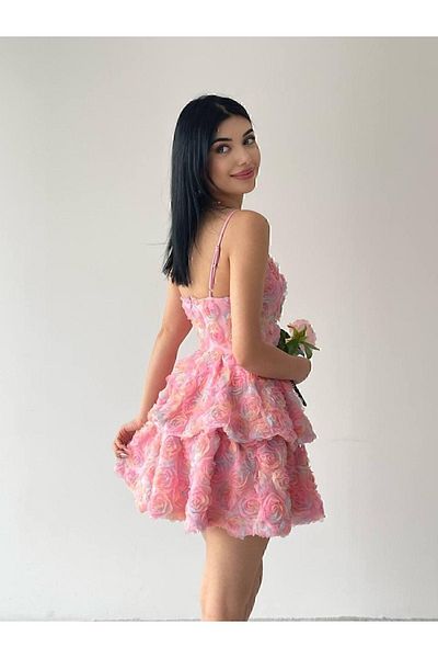 MERVERA Rose Pattern Flower Strap Extra Mini Dress (Narrow Fit)