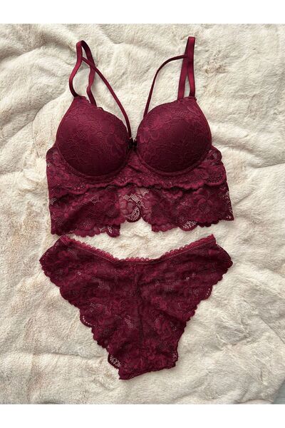Ellegance İç Giyim ÖZEL SERİ İPEKSİ DOKUNUŞ Bordo Dolgulu Dantelli Bralet Sütyen Takımı