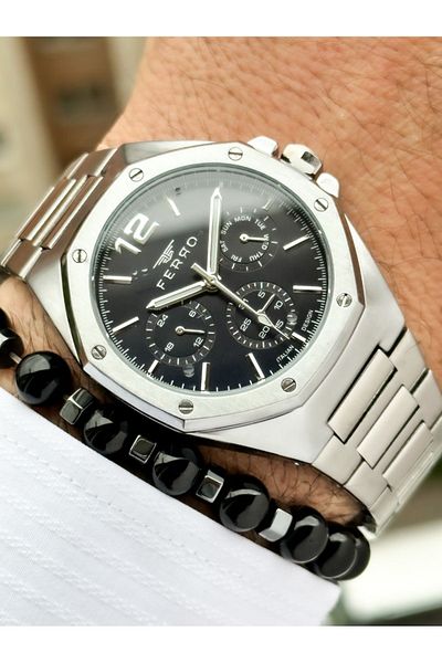 FERRO Men's Silver Wristwatch - Steel Cord, Activated Functions, Bracelet Rosary