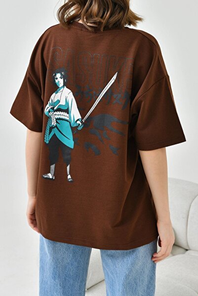 bacc Καφέ μπλουζάκι Oversize - Crew Neck, Πίσω στάμπα, Δύο Κλωστές - Γυναικεία - Bc 241126