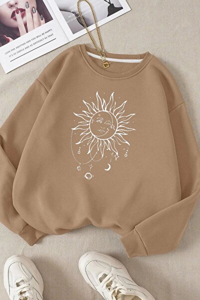 FECCY Beige Colored Digital Sun Printed Cotton Oversize Sweatshirt - Unisex W...