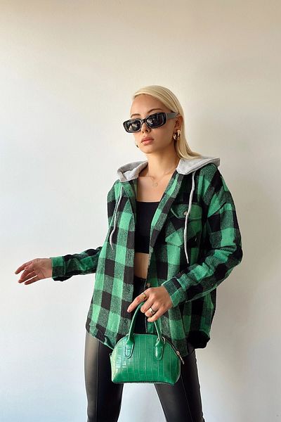bacc Cămașă oversize cu cusătură în carouri cu glugă verde pentru femei Bcpk- 236004