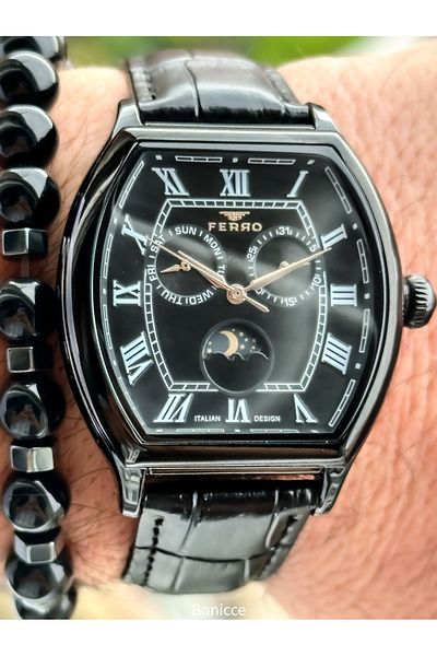 FERRO Ferrro Brand Black Leather Cord Functions Active Men's Wristwatch Bracelet Rosary