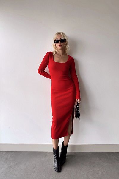 bacc Red Long Sleeve Slit Ribbed Dress - Square Collar Bcmm-23352
