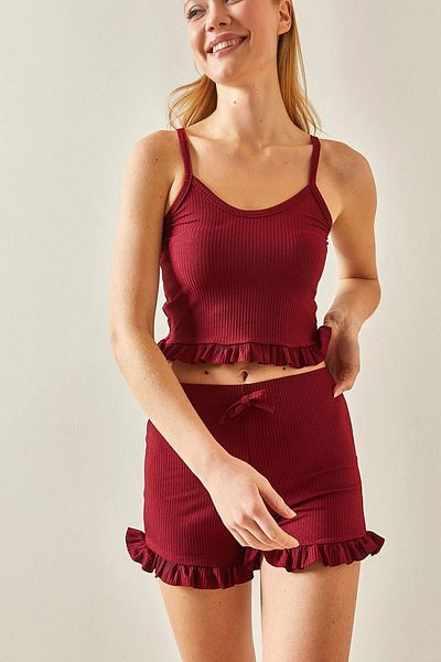 bacc Burgundy Ruffled Cotton Women's Pajamas Set - Rope Strap Home Wear Bc 241122