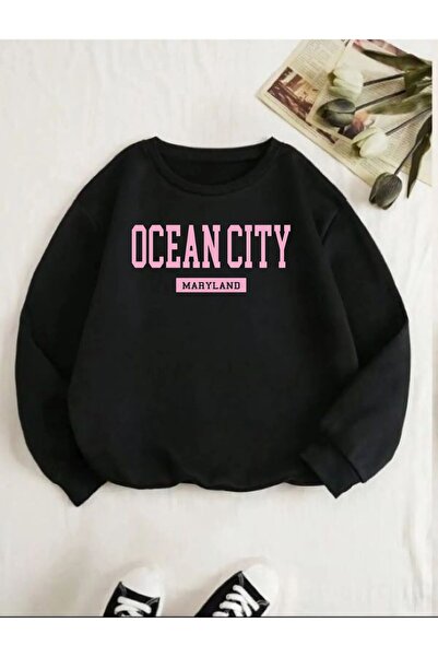 FECCY Hanorac oversize unisex din bumbac imprimat Ocean City, negru - Decolte...