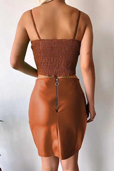 bacc Tan Women's Draped Leather Skirt - BC231013