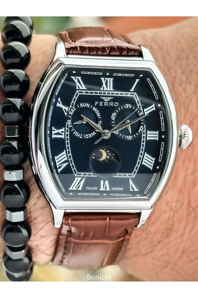 FERRO Ferrro Brand Brown Leather Cord Functions Active Men's Wristwatch Bracelet Rosary