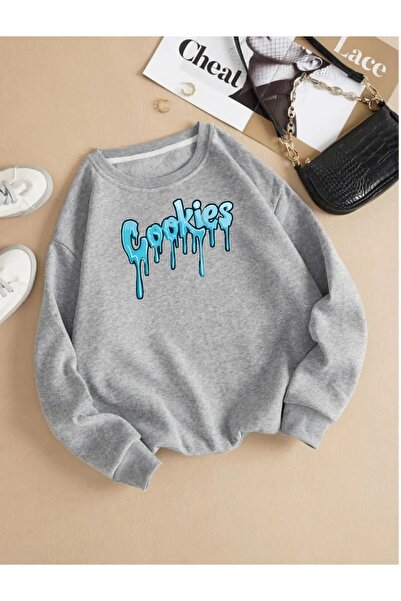 FECCY Hanorac unisex din bumbac oversize, gri, cu imprimeu Cookies - Decolteu...