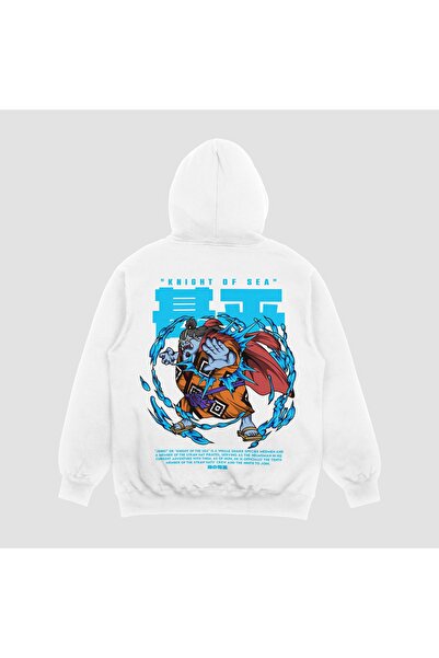 FECCY Hanorac unisex alb cu imprimeu Jinbei, supradimensionat, cu glugă