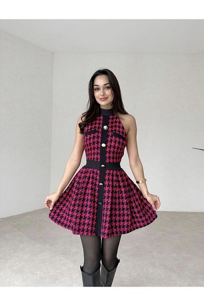 Afiş Butik Pink Tweed Halter Collar Houndstooth Patterned Dress