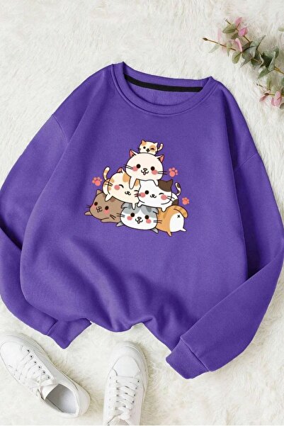 FECCY Hanorac unisex supradimensionat din bumbac cu imprimeu Purple Cat - Dec...