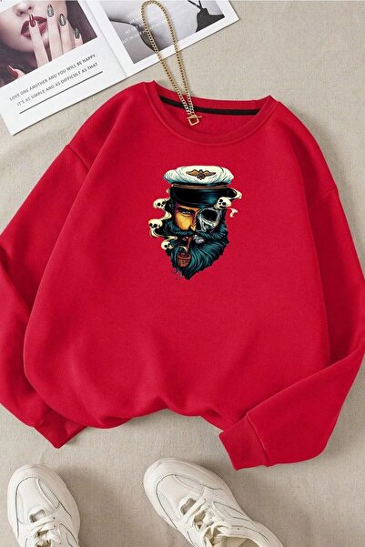 FECCY Hanorac supradimensionat din bumbac, unisex, cu imprimeu digital roșu c...